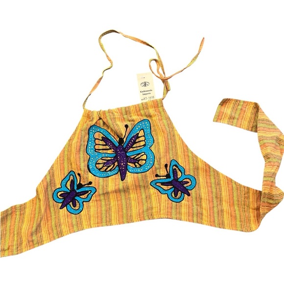 Kathmandu Tops - Kathmandu Imports Striped Butterfly Embroidered Tie Back Cotton Halter Top NWT